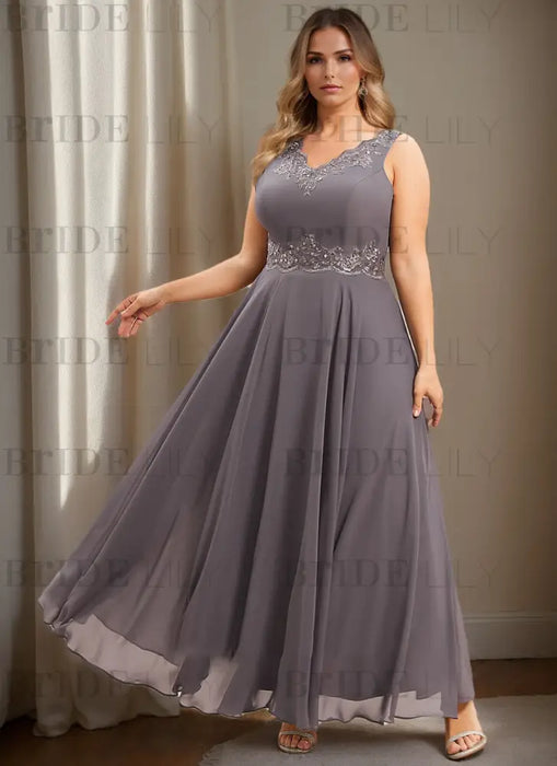 Grey mauve sleeveless chiffon A-line dress without the jacket