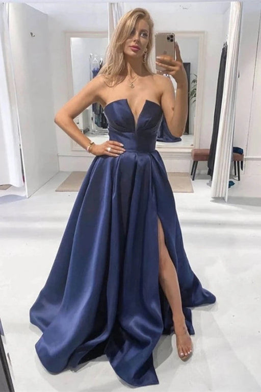 Sleeveless Evening Dress With Slit in Navy Blue