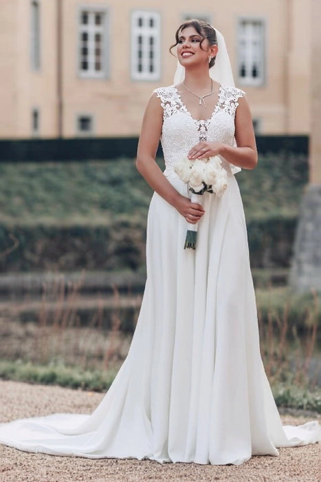 Sleeveless Floral Lace Chiffon A-Line Wedding Dress Illusion Back