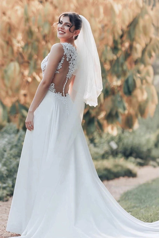 Sleeveless Floral Lace Chiffon A-Line Wedding Dress Illusion Back