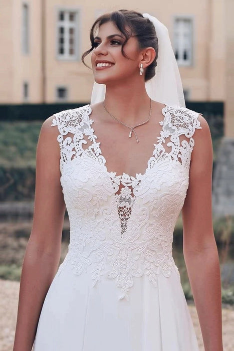 Sleeveless Floral Lace Chiffon A-Line Wedding Dress Illusion Back