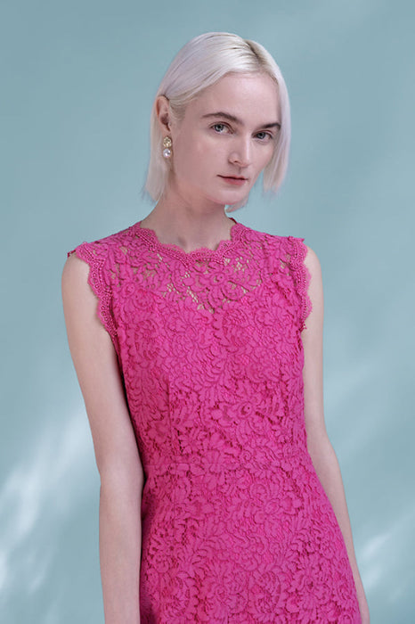 Sleeveless Fuchsia Lace Dress Jewel Neck Short Formal Dress - Dresses