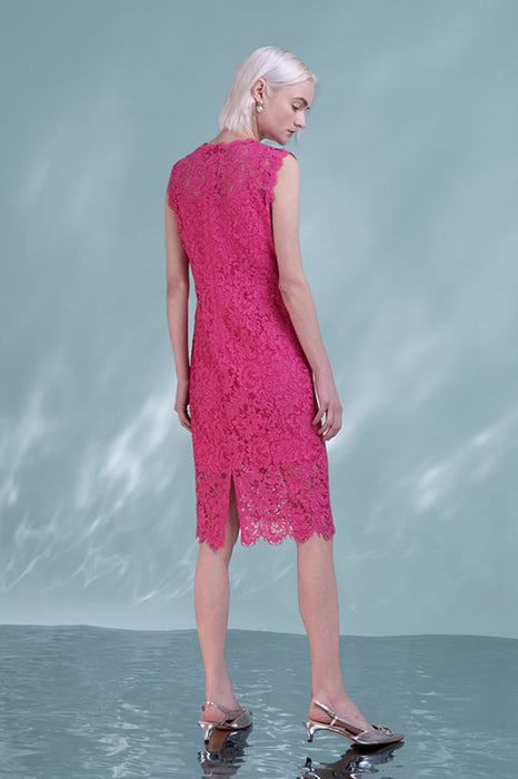 Sleeveless Fuchsia Lace Dress Jewel Neck Short Formal Dress - Dresses