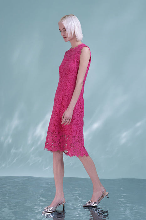 Sleeveless Fuchsia Lace Dress Jewel Neck Short Formal Dress - Dresses