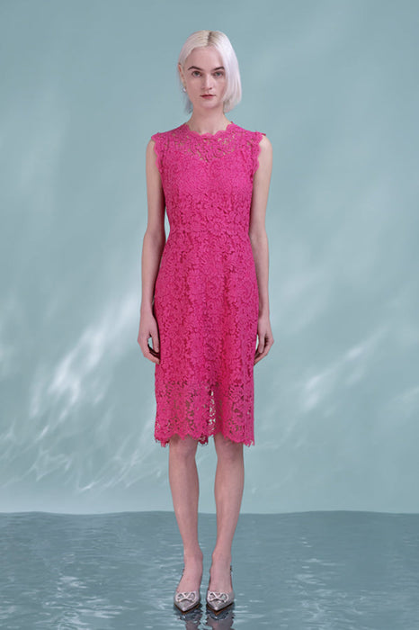 Sleeveless Fuchsia Lace Dress Jewel Neck Short Formal Dress - fuchsia / S - Dresses