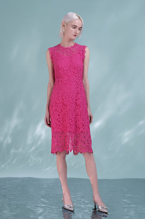 Sleeveless Fuchsia Lace Dress Jewel Neck Short Formal Dress - Dresses