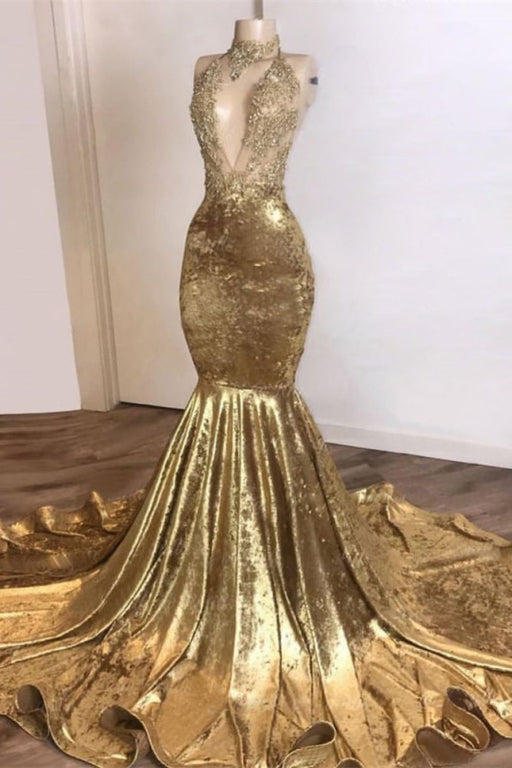 Sleeveless High Neck Mermaid Prom Dress With Lace Appliques in Golden