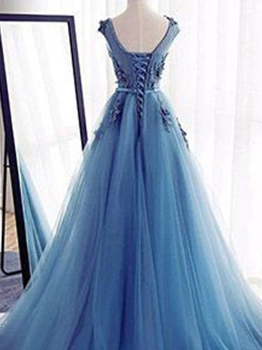 Ball Gown Sleeveless Jewel Sweep/Brush Train Applique Tulle Dresses - Prom Dresses