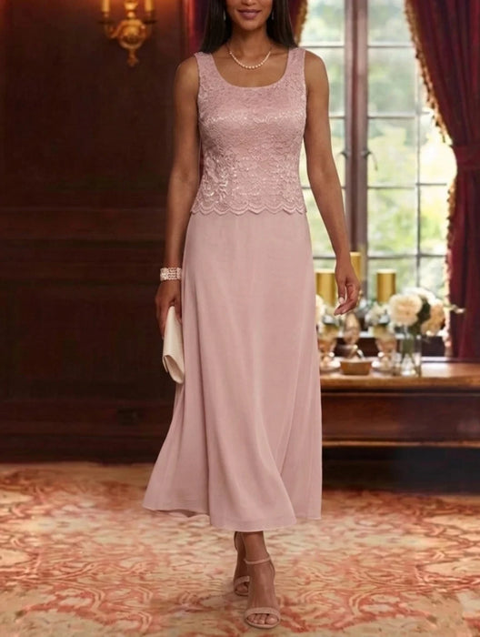 Sleeveless lace bodice chiffon dress in dusty rose, tea length