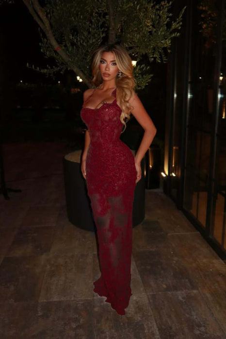 Sleeveless Lace Mermaid Prom Dress Sweetheart Evening Dress - Burgundy - Prom Dresses