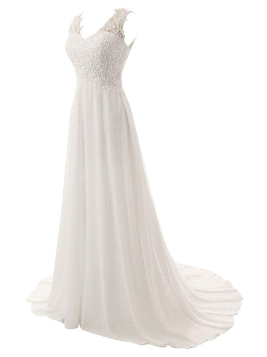 Wedding Dress A Line V Neck Sleeveless Lace Flora Beaded Bridal Dresses With Train