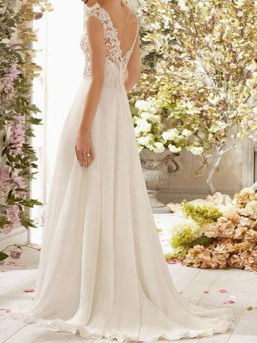 Wedding Dress A Line V Neck Sleeveless Lace Flora Beaded Bridal Dresses With Train