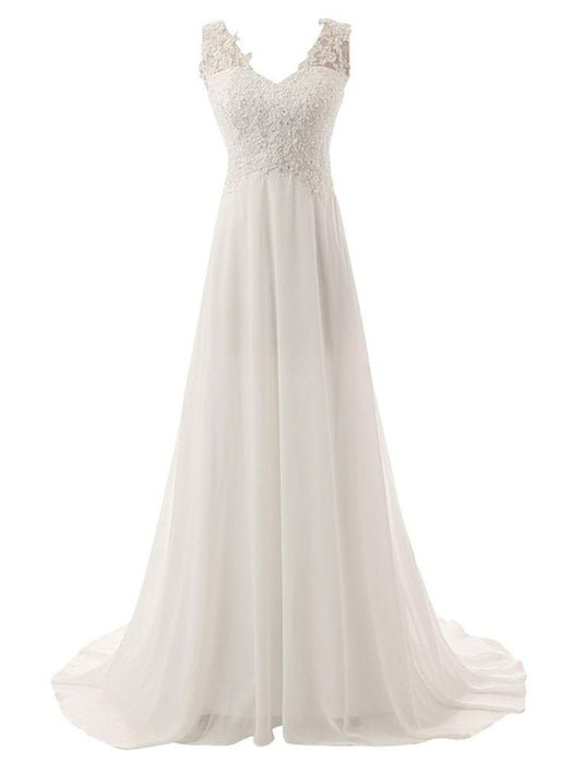 Wedding Dress A Line V Neck Sleeveless Lace Flora Beaded Bridal Dresses With Train