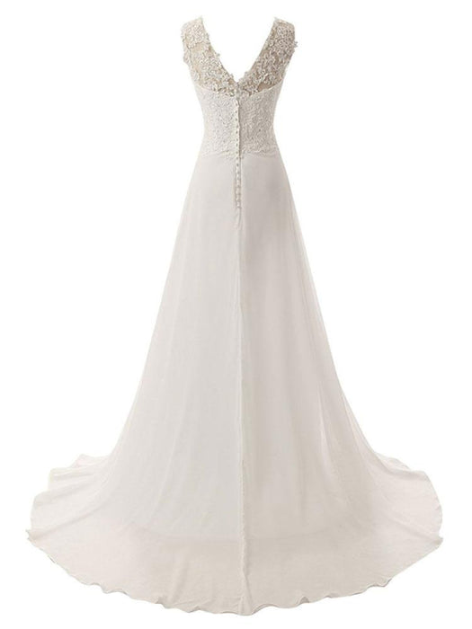 Wedding Dress A Line V Neck Sleeveless Lace Flora Beaded Bridal Dresses With Train