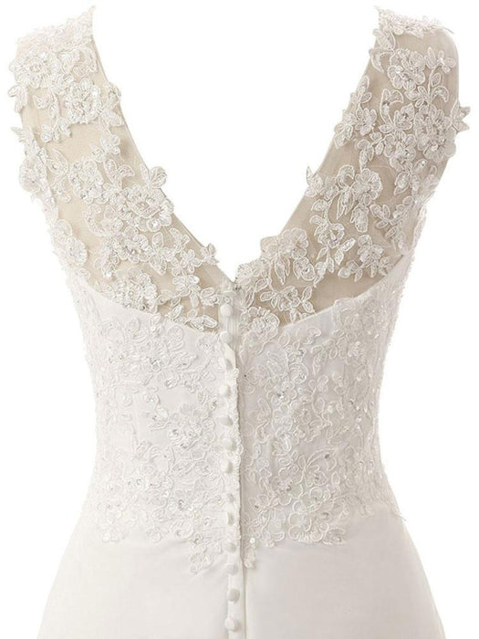 Wedding Dress A Line V Neck Sleeveless Lace Flora Beaded Bridal Dresses With Train