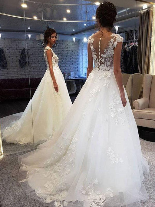 Wedding Dress Jewel Neck Sleeveless Lace Flora A Line Tulle Bridal Gowns For Beach Wedding