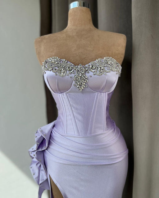 Sleeveless Light Purple Prom Dress With Rhinestone High Slit Gown