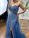 Sleeveless Mermaid Evening Dress with Split, One Shoulder, Sequins, and Tulle