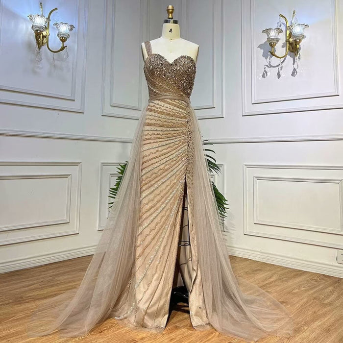 Sleeveless Mermaid Evening Dress with Split, One Shoulder, Sequins, and Tulle