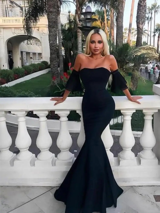 Sleeveless Off-The-Shoulder Floor-Length With Ruffles Satin Dresses - Prom Dresses