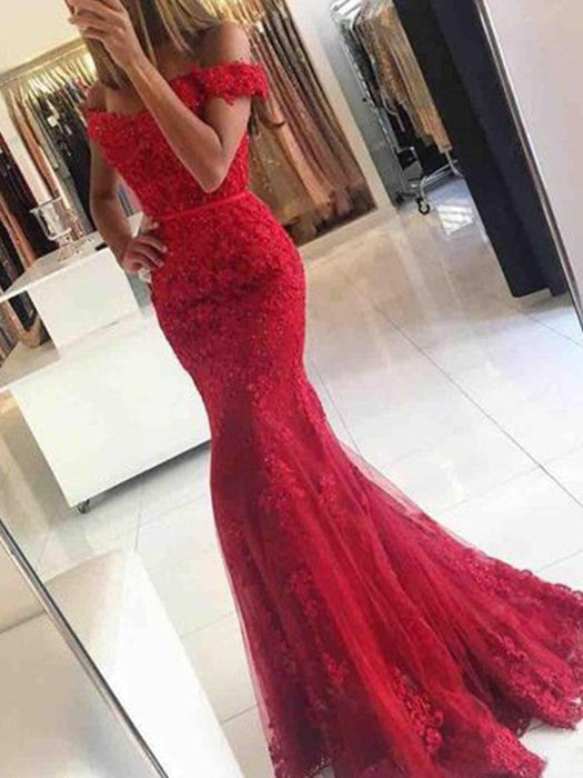 Trumpet/Mermaid Sleeveless Off-the-Shoulder Sweep/Brush Train Tulle Applique Dresses - Prom Dresses