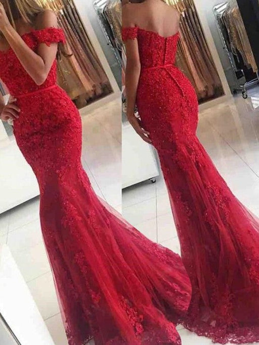 Trumpet/Mermaid Sleeveless Off-the-Shoulder Sweep/Brush Train Tulle Applique Dresses - Prom Dresses