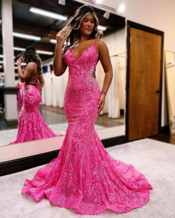 Sleeveless Pink Sequins Mermaid Prom Dress with Backless Spaghetti Straps