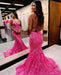 Sleeveless Pink Sequins Mermaid Prom Dress with Backless Spaghetti Straps