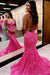 Sleeveless Pink Sequins Mermaid Prom Dress with Backless Spaghetti Straps