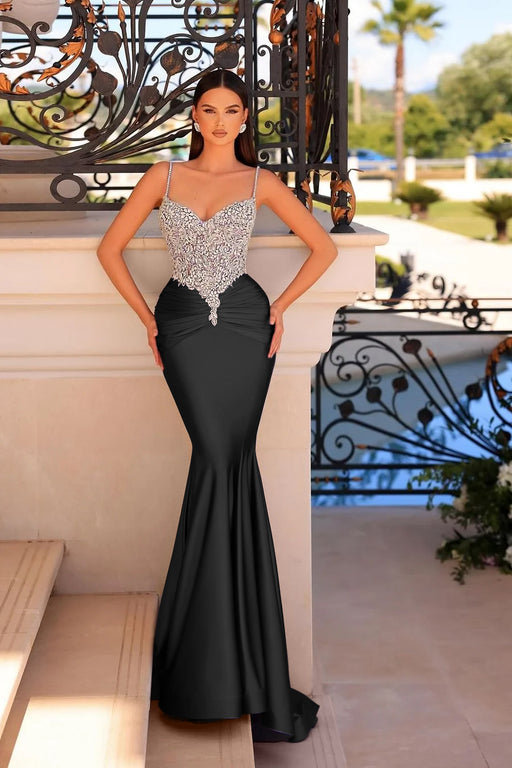 Spaghetti Straps Satin Mermaid Prom Dress Long with Beadings Black