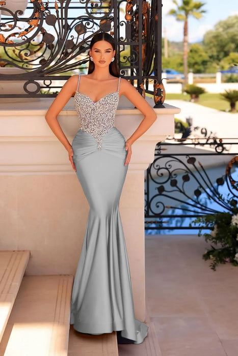 Spaghetti Straps Satin Mermaid Prom Dress Long with Beadings Dusty Sage