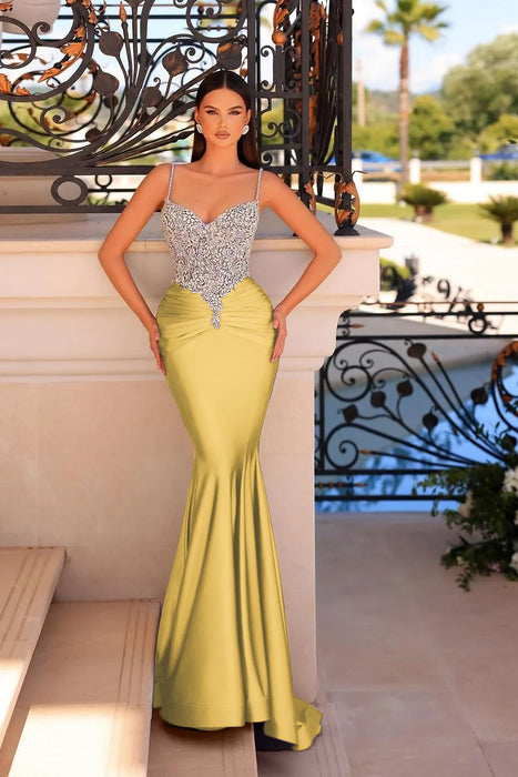Spaghetti Straps Satin Mermaid Prom Dress Long with Beadings Yellow