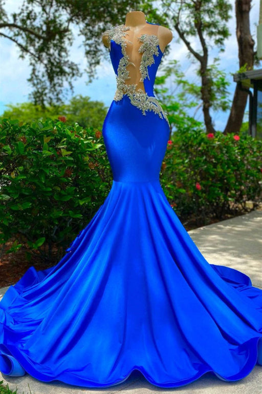 Sleeveless Royal Blue Mermaid Prom Dress with Sexy Cut Out Appliques - YL0100