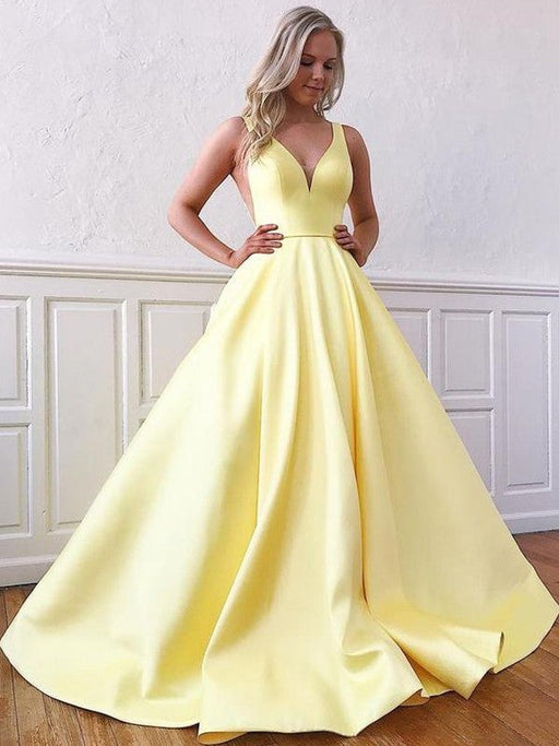 A-Line/Princess Satin Sleeveless Ruffles V-neck Sweep/Brush Train Dresses - Prom Dresses