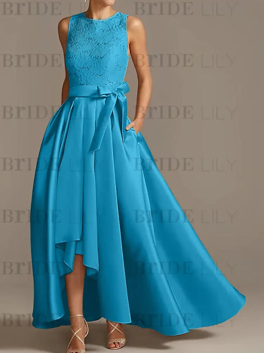 Asymmetrical Princess A-Line Sleeveless Mother Of The Bride Dress With Jewel Neck And Pleats