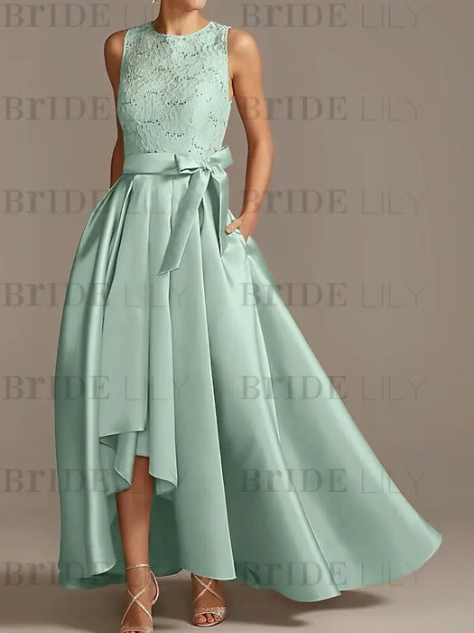Asymmetrical Princess A-Line Sleeveless Mother Of The Bride Dress With Jewel Neck And Pleats