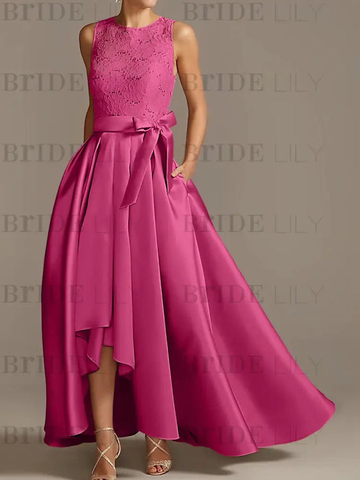Asymmetrical Princess A-Line Sleeveless Mother Of The Bride Dress With Jewel Neck And Pleats