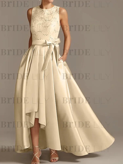 Asymmetrical Princess A-Line Sleeveless Mother Of The Bride Dress With Jewel Neck And Pleats
