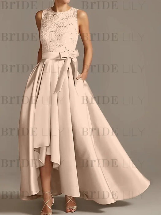 Asymmetrical Princess A-Line Sleeveless Mother Of The Bride Dress With Jewel Neck And Pleats