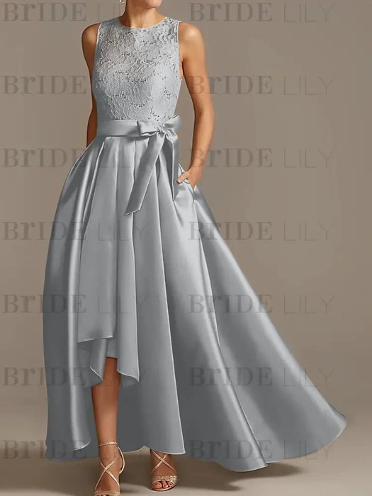 Asymmetrical Princess A-Line Sleeveless Mother Of The Bride Dress With Jewel Neck And Pleats