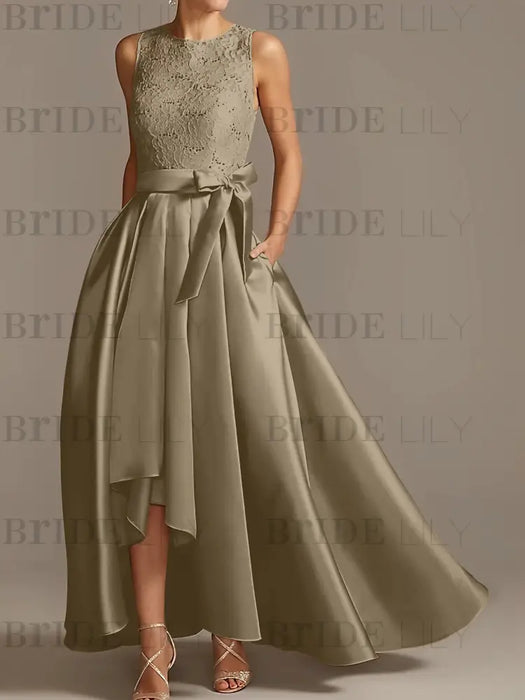 Asymmetrical Princess A-Line Sleeveless Mother Of The Bride Dress With Jewel Neck And Pleats