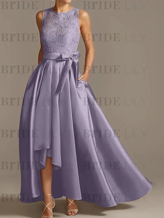 Asymmetrical Princess A-Line Sleeveless Mother Of The Bride Dress With Jewel Neck And Pleats