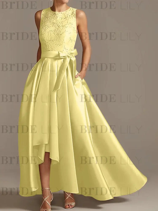 Asymmetrical Princess A-Line Sleeveless Mother Of The Bride Dress With Jewel Neck And Pleats
