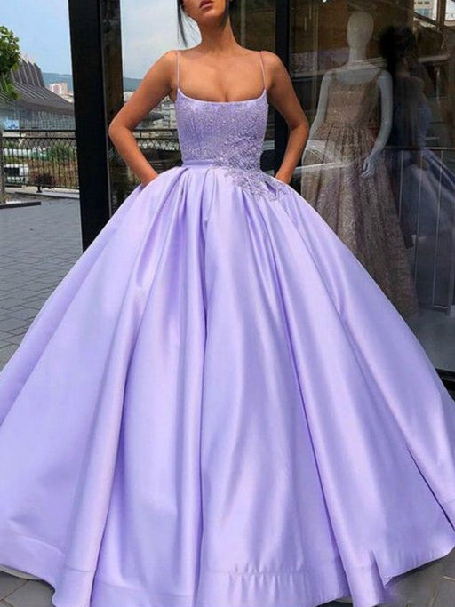 Ball Gown Satin Applique Spaghetti Straps Sleeveless Floor-Length Dresses - Prom Dresses