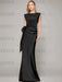 Sleeveless satin sheath gown with a ruched bow sash in black