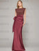 Sleeveless satin sheath gown with a brown bodice and wine satin skirt