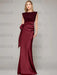 Sleeveless satin sheath gown with a ruched bow sash in burgundy