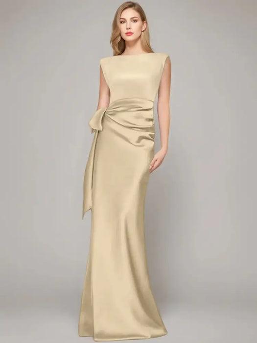 Sleeveless satin sheath gown with a ruched bow sash in champagne