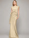 Sleeveless satin sheath gown with a ruched bow sash in champagne