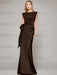 Sleeveless satin sheath gown with a ruched bow sash in chocolate brown